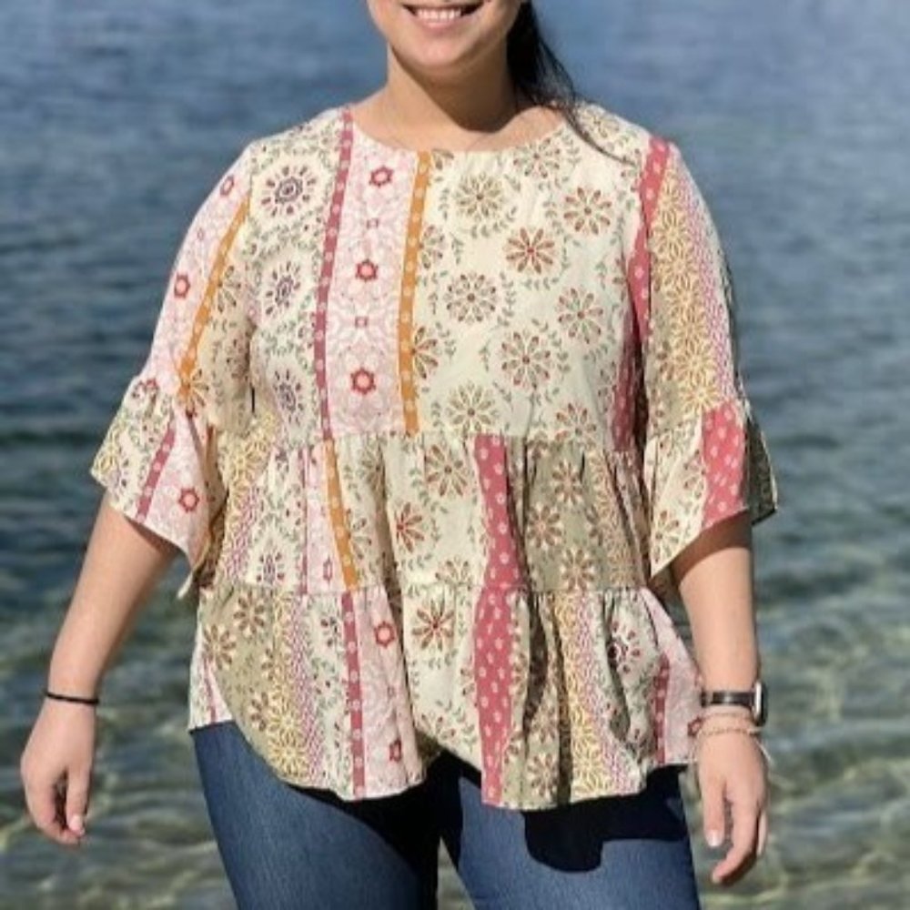 Women's Plus Size 3/4 Sleeve Baby Doll Top Blouse Floral Printed Patchwork 2X